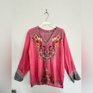 Johnny Was M Embroidered Pink Boho Women's Tunic. Long sleeve